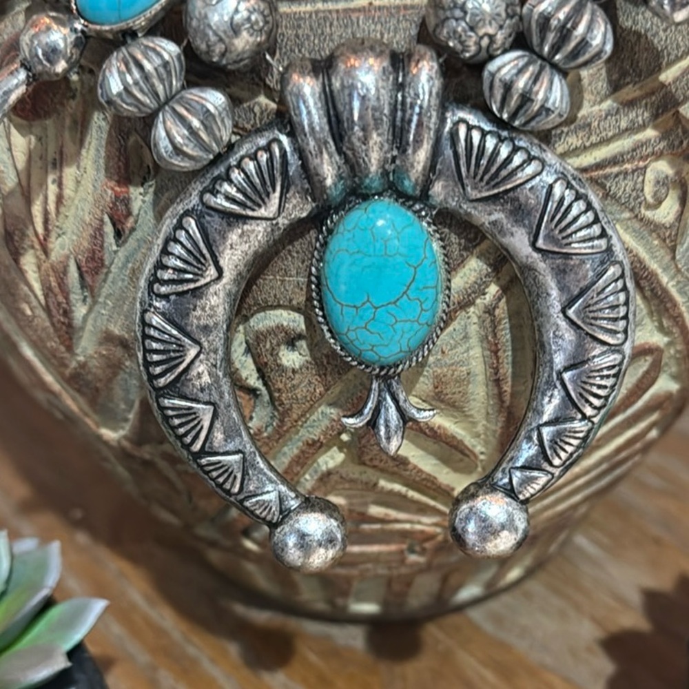 Turquoise & Silver Squash Blossom Necklace - Picture 4 of 13